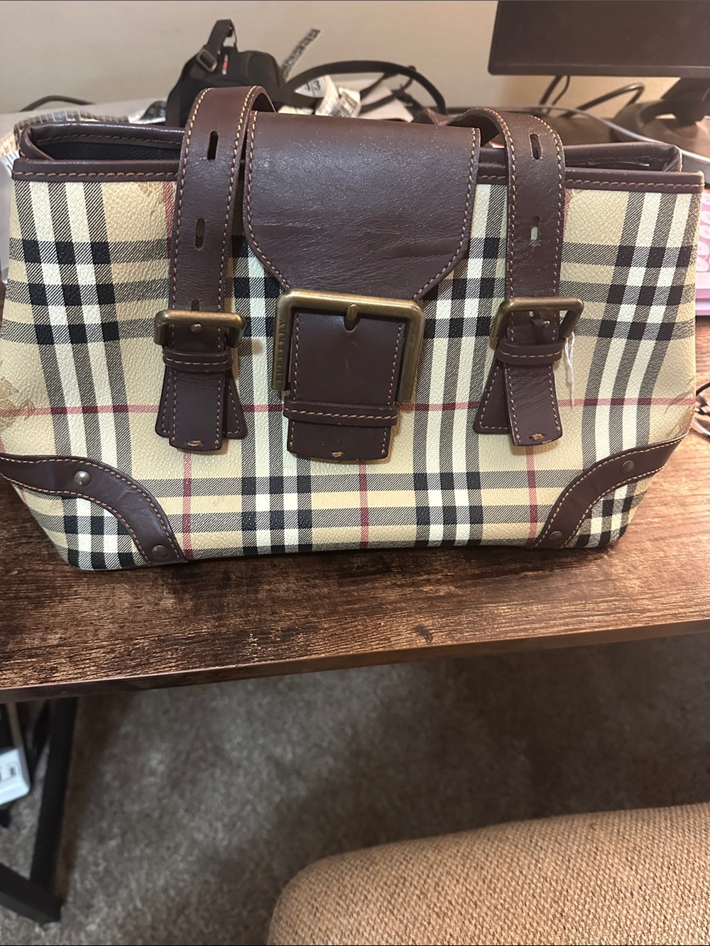 Burberry Beige Plaid Messenger Bag with Brown Leather Trim